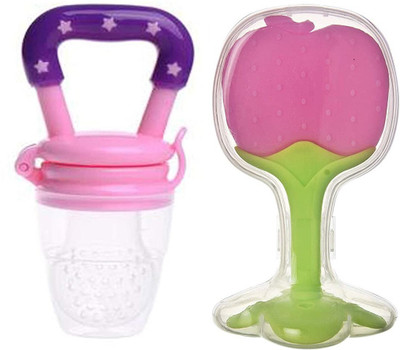 Kidsify Nibbler Soother for Babies Fruit Feeder Kids Nipple Pacifier for Fruit Vegetable and Fruit Shape Silicone Teether (Set of 2) Teether and Feeder(Pink)