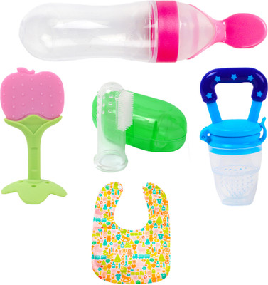 Smiley mia Baby fruit feeder with teether, nibbler, finger brush & baby bib for feeding Teether and Feeder(Yellow)