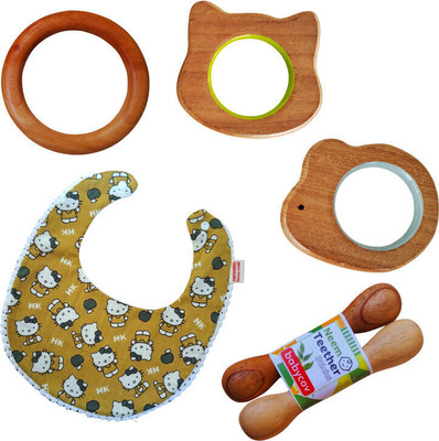 BABYCOV Neem Teethers Sets With 1 Bibs for Baby (Age 3 Months) Teether and Feeder(Brown)
