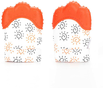 KRAPTICK Teething Mitten, Soft Silicone for Baby 3-12 Months (Sun Orange, Pack of 2) Teether(Multicolor)