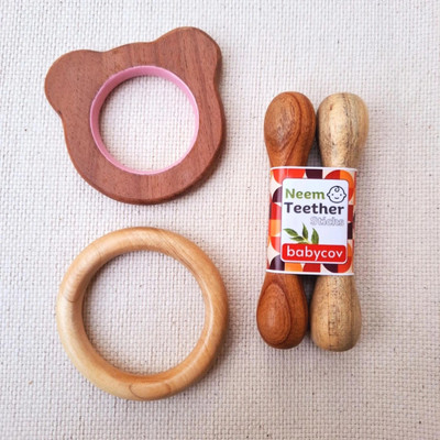 BABYCOV Neem Wood Teethers for Baby set of 4 | for 3 Months Baby. (Cat Sick Ring) Teether(Brown)