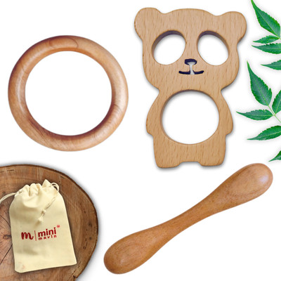 minimavin Neem Wood Teethers for Baby Set of 3 | 3 Months Baby. (Baby Panda+Ring+Dumbell) Teether(Brown)