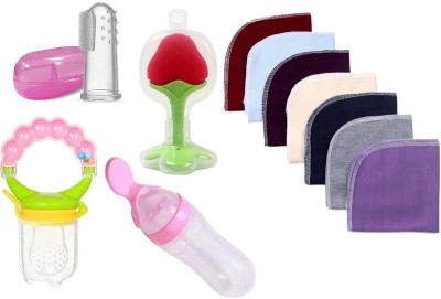 MAHINNX New Born Baby spoon bottle,Fruit Feeder, Finger Brush, teether, Rattle (Combo) Teether and Feeder(Multicolor)