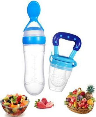 Saraswati kart Baby Food Feeder Bottle With Spoon And Silicone Fruit Nibler Pack of 2  - BPA Free Silicone(Blue)