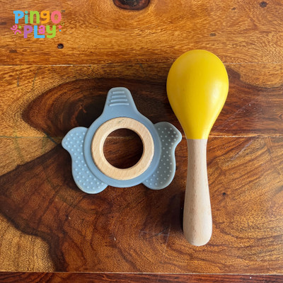 Pingo Play Premium Wooden & Silicone Teether + Maracas Combo|BPA-Free, Non-Toxic Beech Wood Teether(Yellow)