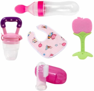 Dhochak Bottle| Soft Teether |Fruit Nibbler with Button Bib Aprons and Finger Toothbrush Teether and Feeder(Multicolor)