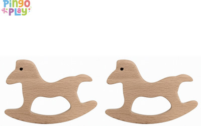 Pingo Play Premium Wooden Horse Teether (Set of 2) | Natural Beech Wood Baby Teething Toy Teether(Beige)