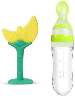 Enorme Silicone Moon Shape Yellow Soft Teether & Easy Squeezy Spoon FoodFeeder for Baby Teether and Feeder(Yellow)