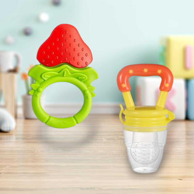 Joy Buzz Fruit Teether & Star Nibbler Combo- Pack of 2 (Red & Yellow) Teether and Feeder(Multicolor 11)