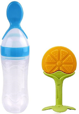 Vadhavan Bottle Silicone Squeeze Feeding Spoon and Fruit Shape Silicone Teether_2 Teether and Feeder(Blue)