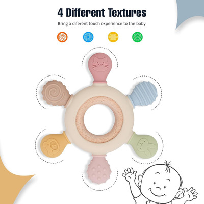 RECTICAL Silicon & Wood Teether for 3+ Months Baby, BPA Free, Beige Teether(Multicolor)