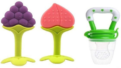 Chicbunny COMBO OF 3PCS SILICONE FRUIT SHAPE TEETHER WITH FRUIT NIBBLER Teether and Feeder(Multicolor)