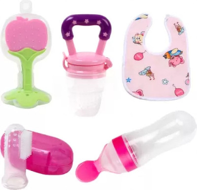 BAMPATAAK fruit and food feeder super saver combo for baby(pack of 5 ) with cute bib Teether and Feeder(Multicolor)