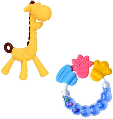 Sparkle Joy Silicone Combo Of Giraffe Shape & Rattle Handle Teethers - Multicolor Teether(YELLOW&BLUE)