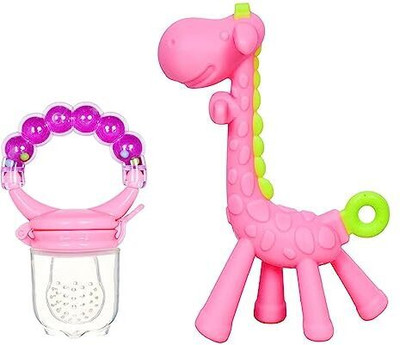 The Cheeky Kidzz Baby Silicone Fruit Rattle Nibbler Soother & Soft Giraffe Textured Teething Teether and Feeder(PINK RING)