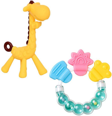 Sparkle Joy Silicone Combo Of Giraffe Shape & Rattle Handle Teethers - Multicolor Teether(Yellow&Green)