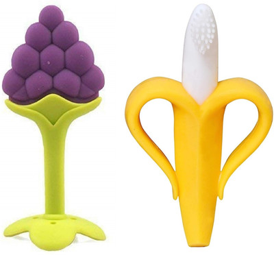 VINMOT Silicone Banana Shaped Toothbrush Teether & Grapes Shaped Teether for Babies Teether(Multicolor)