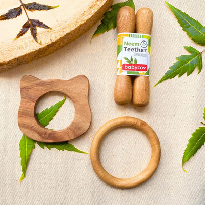 BABYCOV Neem Wood Teethers for Baby Set of 4 | for 3 Months Baby. (Cat Sick Ring) Teether(Brown)
