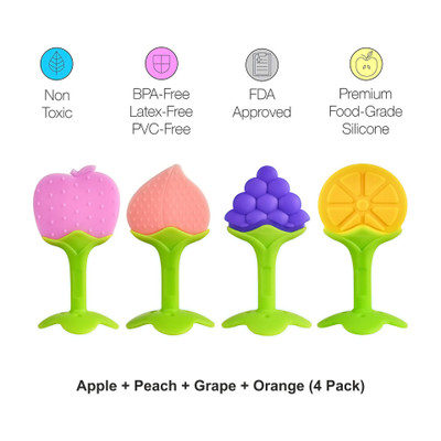 Mahikrite Baby Fruit Shape Silicone Teethers FDA-Approved Soft Silicone, BPA-Free for Infants Baby Boys & Girls (4 Pack) Teether(pink,purple,yellow)