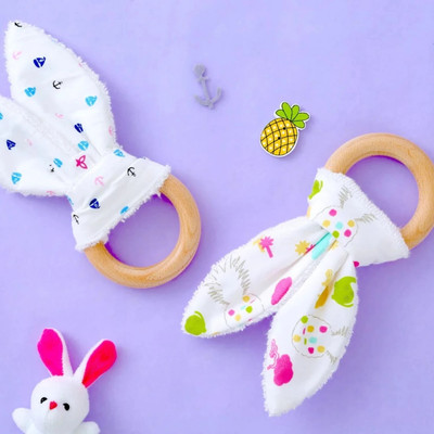 MOMZJOY Dino Party - Bunny Teethers Set Raindrops - Organic Cotton amd Natural Wood Teether(Dino Party)