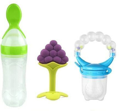 Kajaree Silicone Fruit Teether & Food Nibbler & Spoon Bottle (Multicolor) (Pack of 3) Teether and Feeder(multi 6)