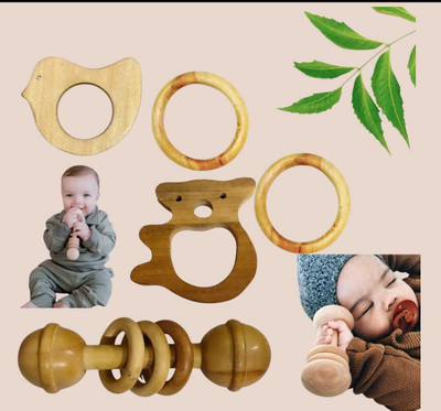 Aditya Creation Bany's First Toy Pure Natural Neem Wood Teething Toys Antibacterial Properties Teether and Feeder(Brown)
