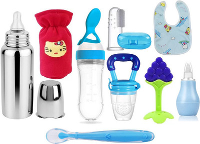 XIIAA NEW BORN BABY COMBO SET OF 9 ITEMS Teether and Feeder(Blue)