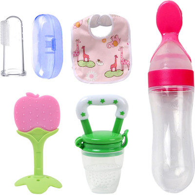Smiley mia Baby Rattle nibbler, fruit teether, finger brush, bib & spoon feeder for feeding Teether and Feeder(PACK OF 5 COMBO)