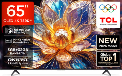 QD-Mini LED Dimming T89D 163.83 cm (65 inch) QLED Ultra HD (4K) Smart Google TV 2026 Edition with TCL Ai HVA Panel Dolby Vision- Atmos, 42W ONKYO 2.1 Hi-Fi System Native Refresh Rate 144Hz, DLG 288Hz 