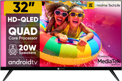 realme TechLife 80 cm (32 inch) QLED HD Ready Smart Android TV with Thunder OS, Live TV, Netflix, 100+ Apps, 20W Speakers, 300 Nits Brightness, Bezel-less Design(32HDSQRWWTQ)