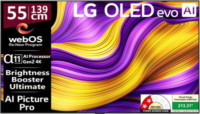 LG evo AI G5 139 cm (55 inch) OLED Ultra HD (4K) Smart WebOS TV 2025 Edition with Alpha 11 AI Processor 4K Gen2 | Brightness Booster Ultimate | AI Picture Pro | Dolby Vision | AI Sound Pro (Virtual 11.1.2ch Up-mix) | Dolby Atmos | Up to 165Hz Variable Refresh Rate | 60W Sound Output | 2.5 GB RAM | 1