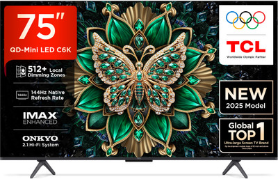 TCL C6K 189 cm (75 inch) Ultra HD (4K) Mini LED Smart Google TV 2025 Edition with 512+ Local Dimming Zones | High HDR Brightness | 144 Hz Native Refresh Rate | 40 W ONKYO 2.1 CH Hi-Fi System, IMAX Enhanced(75C6K)