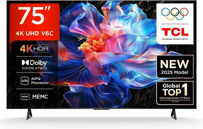 TCL V6C 189 cm (75 inch) Ultra HD (4K) LED Smart Google TV 2025 Edition with MEMC | Dolby Vision-Atmos | HVA Panel & Metallic Bezel-Less(75V6C)