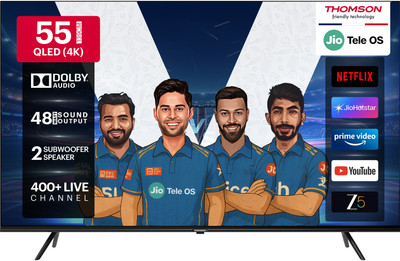 139 cm (55 inch) QLED Ultra HD (4K) Smart JioTele OS TV with 48W Sound Output | 2 Speaker | 450 Nits Brightness | Dolby Audio | Multilingual Voice Assistant | 300+ free live TV channels | 300+ JioGame