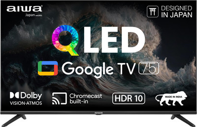 Aiwa 190 cm (75 inch) QLED Ultra HD (4K) Smart Google TV 2024 Edition with 1N Remot Control| |4N Screw| |1N User Manual with Warranty Card| |1N Set Table Stand, 1N Wallmount| |2N Batteries (AAA)(75AINSK189GTQX3H3BC)