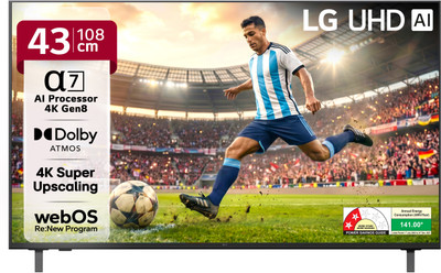 LG AI TV UA7380 108 cm (43 inch) Ultra HD (4K) LED Smart WebOS TV 2025 Edition with Alpha7 AI Processor 4K Gen8 | 4K Super Upscaling| 4K Expression Enhancer | NEW AI Magic Remote Compatible | AI Search with MS Copilot | AI Sound Pro (9.1.2 ch) | LG Shield | Chromecast Built-in(43UA73806LA)