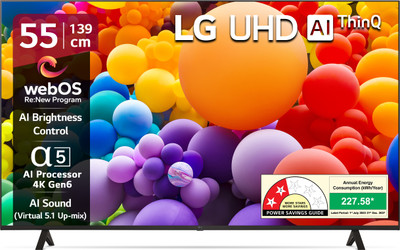 LG AI TV UR7500 139 cm (55 inch) Ultra HD (4K) LED Smart WebOS TV 2025 Edition with Alpha5 AI Processor 4K Gen6 | 100+ Free LG Channels | 4K Upscaling | AI Brightness Control | AI Sound (Virtual Surround 5.1 Up-mix) | FTA Satellite Port | Magic Remote Compatible | 60Hz Refresh Rate | Alexa Built In
