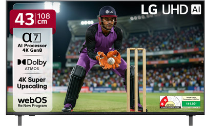 LG AI TV UA7380 108 cm (43 inch) Ultra HD (4K) LED Smart WebOS TV 2025 Edition with Alpha7 AI Processor 4K Gen8 | 4K Super Upscaling| 4K Expression Enhancer | NEW AI Magic Remote Compatible | AI Search with MS Copilot | AI Sound Pro (9.1.2 ch) | LG Shield | Chromecast Built-in(43UA73806LA)