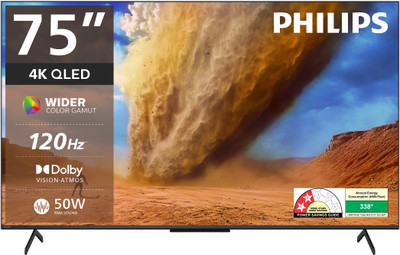 PHILIPS 189 cm (75 inch) QLED Ultra HD (4K) Smart Google TV 2025 Edition with Dolby Vision & HDR 10+ | 120Hz Refresh Rate | 50W Dolby Atmos 2.1.2 Channel | Wider Colour Gamut | Ultra Narrow Bezel | 3GB RAM & 16GB Storage(75PQT8300/94)