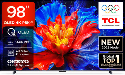 TCL P8K 248 cm (98 inch) QLED Ultra HD (4K) Smart Google TV 2025 Edition with HVA Panel | Dolby Vision- Atmos 40W |144 Hz Native Refresh Rate | MEMC 120 Hz(98P8K)