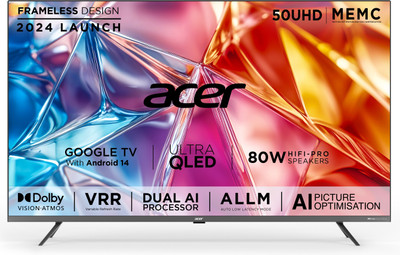Acer Super Series 127 cm (50 inch) QLED Ultra HD (4K) Smart Google TV with Android 14 (Black) | MEMC | ALLM | VRR | AI Picture Optimisation | 80W PRO Speakers | GIGA Bass | Dolby Vision-Atmos(AR50QDXGU2875AT) Acer Super Series 127 cm (50 inch) QLED Ultra HD (4K) Smart Google TV with Android 14 (Black) | MEMC | ALLM | VRR | AI Picture Optimisation | 80W PRO Speakers | GIGA Bass | Dolby Vision-Atmos(AR50QDXGU2875AT)