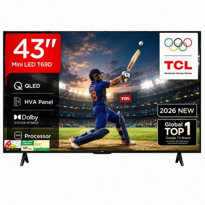 TCL Tcl 108 cm (43 inch) QLED Ultra HD (4K) Smart Google TV with |Dolby Audio| 60 Hz| HDR 10+ | MEMC| VRR | NEW -2026(43T69D)