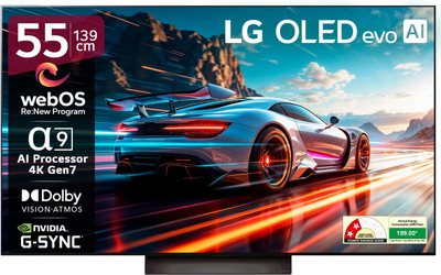 LG AI TV OLED evo C4 139 cm (55 inch) OLED Ultra HD (4K) Smart WebOS TV 2024 Edition with Alpha 9 AI Processor 4K Gen7 | AI Picture Pro | Dolby Vision | AI Sound Pro (Virtual 9.1.2ch Up-mix) | Dolby Atmos | 144Hz VRR | 40W Sound Output | Magic Remote| Nvidia G-Sync & AMD Freesync Certified(OLED55C46