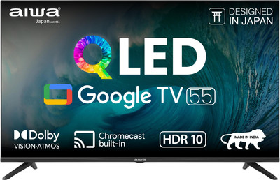 Aiwa 139.7 cm (55 inch) QLED Ultra HD (4K) Smart Google TV with 1N Remot Control| |4N Screw| |1N User Manual with Warranty Card| |1N Set Table Stand, 1N Wallmount| |2N Batteries (AAA)(55AINSK140GTQX3H3BC)