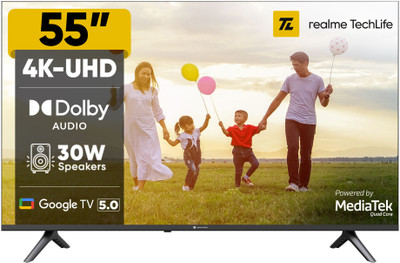 realme TechLife 139 cm (55 inch) Ultra HD (4K) LED Smart Google TV 2025 Edition with 5.0 OS, Dolby Audio, and 30 W downfiring speaker(55UHDGDRWSDB)