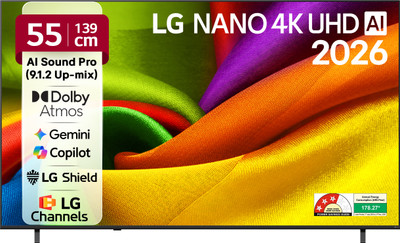 LG AI NANO NU87 139 cm (55 inch) Ultra HD (4K) LED Smart WebOS TV 2026 Edition with NANO Detail Enhancer, HDR10 Pro, 4K Super Upscaling Alpha7 AI Processor 4K Gen9, Dolby Atmos, AI Sound Pro (9.1.2 ch), Multi AI (Google Gemini & MS Copilot), Linear F...