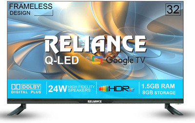 Reliance 80 cm (32 inch) QLED HD Ready Smart Google TV 2025 Edition with Next Generation Google Smart Q-Led Tv Platform with OTT Apps like Jio Cinema, Netflix, Prime Video, Disney+ Hotstar & More Than 5000 Apps, Frameless Design & Voice Remote with 24 Watts Speaker & 1.5 GB RAM, 8 GB Storage(RW32GQ8