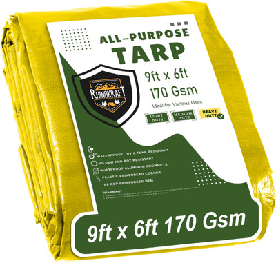 RHINOKraft 9ft x 6ft, 170 GSM | Water Proof Tarpaulin Sheet | for camping use Tent - For Camping(Yellow)