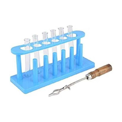 VITSZEE Small Test tube(6 pcs), Plastic Test Tube Stand, Test Tube Holder combo 8 pcs Borosilicate Glass, Plastic Test Tube Rack(test tube rack Blue)