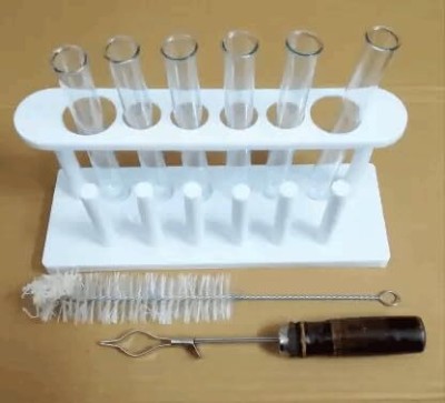 LabHouse Test tube stand with six test tubes, 1 brush, 1 test tube clamp Plastic Borosilicate Glass, Plastic Test Tube Rack(6 White)